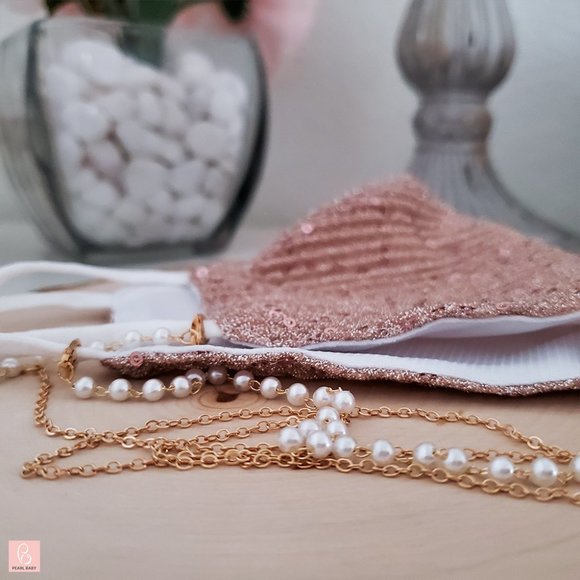 Pearl Baby Accessories - Rosegold glitter mask with pearl chain & scrunchie